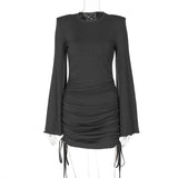 black sweater dress outfit 2024 Black Friday Cyber ​​Monday Christmas Autumn Fashion Hot Girl Bell Sleeve round Neck Drawstring Short Sheath Dress