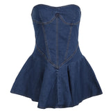 birthday outfit Women's Wrapped Chest Sleeveless Backless Split Stitching Tight Slimming Sexy Characteristic A- line Denim Dress Short Skirt