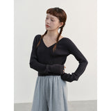 autumn and Spring Casual Wool Mohair V-neck Twisted Short Knitted Bottoming Shirt 