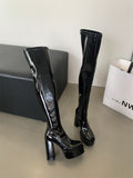 Taysha Tall Boots 2024 round Toe Patent Leather over-the-Knee Skinny Women's Fashionable Leather Boots Thick Heel Platform Boots