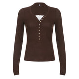 2000s fashion Soft Knitted Stretch Slim-Fit Slimming Top Retro Brown Button Lace Stitching Long-Sleeved T-shirt for Women