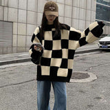 fall sweater Chessboard Plaid Sweater for Women 2024 Autumn and Winter New Design Sense Niche Top Retro Japanese Style Lazy Style Sweater