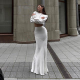 white dress Spring New Long-Sleeved Navel Top High Waist Slim-Fit Sheath Fishtail Skirt Fashion Satin Suit