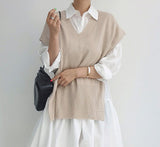 2000s fashion Spring 2024 Korean Style Drop-Shoulder Lantern Sleeve Stitching Large Skirt Shirt Dress + Knitted Vest