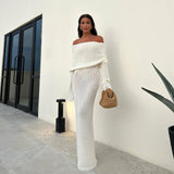 Chicdearshop white dress Autumn Beach Vacation Sexy Long Dress Knitted Backless off-Neck Dress Blouse for Women