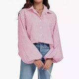 fall outfits women Fall 2024 Women's Striped Bishop Long Sleeve Collar V-neck Button-down Shirt Loose