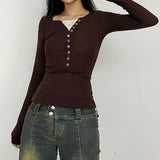 2000s fashion Soft Knitted Stretch Slim-Fit Slimming Top Retro Brown Button Lace Stitching Long-Sleeved T-shirt for Women