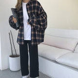 90s streetwear Harajuku Batwing Sleeve Shirt Women's Boyfriend Style Spring and Autumn Mid-Length Loose Korean Style Woolen Plaid Shirt Cardigan Coat Fashion