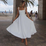 Chicdearshop white dress Solid Color Square Collar Sleeveless Sling Long Fashion Women's Clothing Dress