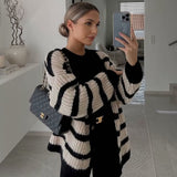 Chicdearshop Autumn and Winter New Women's Lazy Style Black and White Striped Single-Breasted Loose Sweater Coat