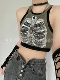 grunge outfits Women's Summer New round Neck Pullover Skeleton Hot Rhinestone Casual Fashion Hot Girl Top