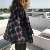 90s streetwear Harajuku Batwing Sleeve Shirt Women's Boyfriend Style Spring and Autumn Mid-Length Loose Korean Style Woolen Plaid Shirt Cardigan Coat Fashion