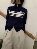 y2k Striped Sweater for Women 2024 Spring New Personality Double Zipper Half Turtleneck Cardigan Sweater