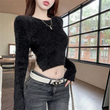 Chicdear Plush Knitted Backless Women’s Crop Top Sweater Long Sleeve Sexy Club Pullover 2023 Autumn Winter Fashion Streetwears Sweater