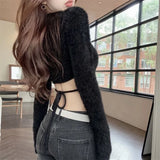 Chicdear Plush Knitted Backless Women’s Crop Top Sweater Long Sleeve Sexy Club Pullover 2023 Autumn Winter Fashion Streetwears Sweater