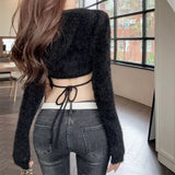 Chicdear Plush Knitted Backless Women’s Crop Top Sweater Long Sleeve Sexy Club Pullover 2023 Autumn Winter Fashion Streetwears Sweater