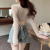 Chicdear Plush Knitted Backless Women’s Crop Top Sweater Long Sleeve Sexy Club Pullover 2023 Autumn Winter Fashion Streetwears Sweater