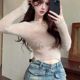 Chicdear Plush Knitted Backless Women’s Crop Top Sweater Long Sleeve Sexy Club Pullover 2023 Autumn Winter Fashion Streetwears Sweater