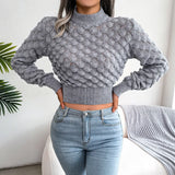 Chicdear -  Women Fashion Fall Winter 3D Diamond Cutout Long Sleeve Solid Color Chic Crop Knit Sweater