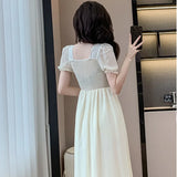 Chicdear French Vintage Midi Party Prom Princess Dresses Summer Elegant Chic Applique Square Neck Gowns Women's Bubble Sleeve Dresses