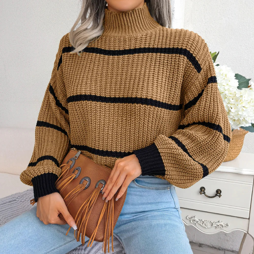 Chicdear - Women Fall Winter Casual Striped Lantern Sleeve Turtleneck Knit Sweater For Ladies Loose Fashion Chic Tops