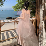 Chicdear Retro Pink Sexy Club Elegant Party Ruffles Slip Dress Women Irregular Mesh Fairy Dresses Sweet Fashion 2024 Summer Vacation Robe