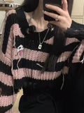 Chicdear - QWEEK Y2k Gothic Harajuku Stripped Crop Sweater Women Fairy Grunge Knitted Pullovers Hollow Out Mall Goth Tops 2023 Autumn