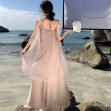 Chicdear Retro Pink Sexy Club Elegant Party Ruffles Slip Dress Women Irregular Mesh Fairy Dresses Sweet Fashion 2024 Summer Vacation Robe