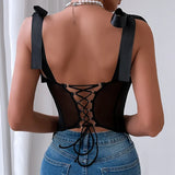 Chicdear- Sequin Spaghetti Strap Top Women Backless Top Summer Black Bow Sexy Top Club