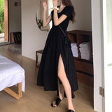 Chicdear Korean Style Fashion Elegant Slit Dress for Women Fairy Slim Fit Dress Tighten The Waist Women 2024 New Spring Summer Dress