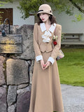 Chicdear French Women Autumn 2 Pieces Set Elegant Long Sleeve Blazer Bow Top Casual A-line Midi Skirt 2024 Spring Solid Lady Clothes