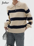 Chicdear - Ins Contrast Color Stripe Knitting Sweater Female Pullovers Korean Chicly Zipper Simple Casual 2-colors Women Pullovers