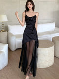 Chicdear Sexy Black Dresses for Women Summer New Spaghetti Strap Mesh Patchwork Slim Evening Party Dress Prom Robe French Vestidos Mujer