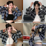 Chicdear Check Shirt Women's Long Sleeve Vintage Casual Lapel Turn-down  Collar Plaid Classic Single Breasted Tops