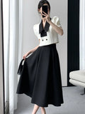 Chicdear French Elegant Two Piece Sets Vintage Office Lady Puff Sleeve White Crop Top + A Line Black Midi Skirts Suit Retro Summer Outfit