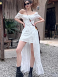 Chicdear Y2K Long Dresses for Women Puff Sleeve Lace-up A-line Off Shoulder Club Party Dress Summer New Korean Chic One Piece Vestido