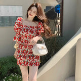 Chicdear Spring Summer Square Collar Floral Dress Women Temperament Slim Waist Bag Hip Skirt French Retro Dresses