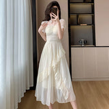 Chicdear Summer French Elegant Women Midi Dresses 2024 New Vintage Folds Solid Ruffle Party Robe Fairycore Neck Mounted Fashion Lady Maxi