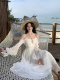 Chicdear Summer White Holiday Beach Long Dress Women Off Shoulder Backless Runway Vestidos Korean Chic A-line Sundress Clothes