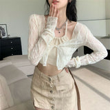 Chicdear 2024 Summer Cardigans Women Korean Style V-neck Solid Color Long Sleeve Slim Versatile Office Lady Short Chiffon Blouse Female