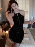 Chicdear Sexy Halter Mini Dress Women Sleeveless Rhinestone Sequins Hollow Out New Summer Shiny Evening Party Dresses Slim Clubwear