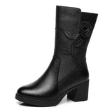 Chicdear - Women Ladies Female Mother Genuine Leather Mid Calf Boots Shoes Winter Plush Fur Warm Floral Zipper Plus Size 41 42