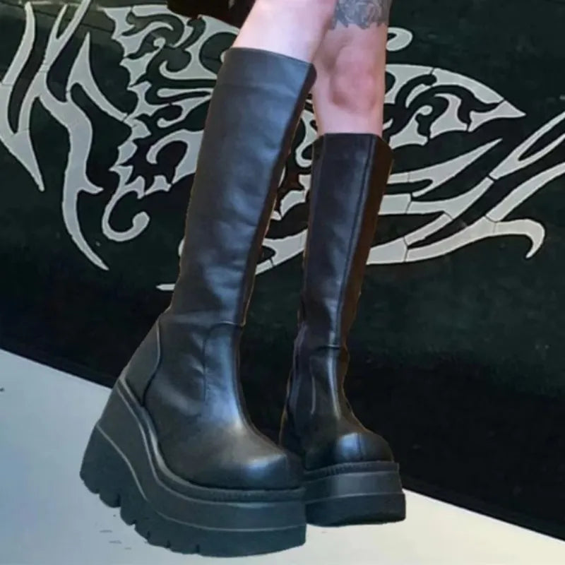 Chicdear - Platform Women Combat Winter Heels Quality Long Thigh High Zipper Knee High Boots 2023 New Fashion Botas Mujer Gothic Punk Boots