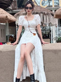 Chicdear Y2K Long Dresses for Women Puff Sleeve Lace-up A-line Off Shoulder Club Party Dress Summer New Korean Chic One Piece Vestido