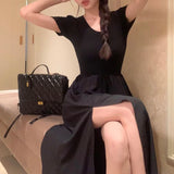 Chicdear Korean Style Fashion Elegant Slit Dress Tighten The Waist Women 2024 New Spring Summer Dress for Women Fairy Slim Fit Dress