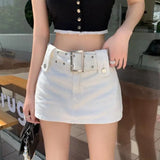 Chicdear White High Waist Denim Skirt Female A-line Mini Skirt With Belt