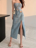 Chicdear Long Denim Skirt Vintage Women Solid High Waist  A-LINE Slim Korean Style Jean Slit Midi Skirt Summer Fashion Girl