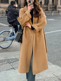 Chicdear -  Korean Fashion Women Casual Loose Woolen Coat Elegant and Chic Solid Outerwear Long Overcoat with Belted Female Warm Cloak