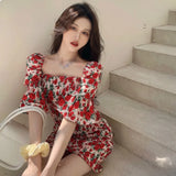 Chicdear Spring Summer Square Collar Floral Dress Women Temperament Slim Waist Bag Hip Skirt French Retro Dresses