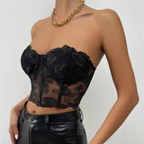 Chicdear- Strapless Crop Top Women Floral Backless Top Ladies Black Sexy Top Clubtwear